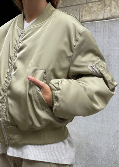 'High Density Flight Blouson' in silk twill khaki beige by Auralee