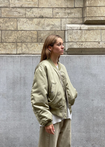 'High Density Flight Blouson' in silk twill khaki beige by Auralee