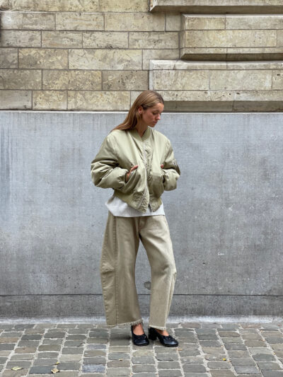 'High Density Flight Blouson' in silk twill khaki beige by Auralee