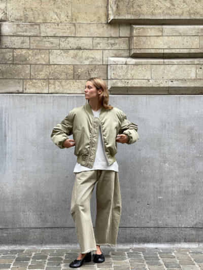 'High Density Flight Blouson' in silk twill khaki beige by Auralee